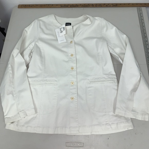 New Eileen Fisher Bone Round Neck Jacket Size Large Cotton Button NWT